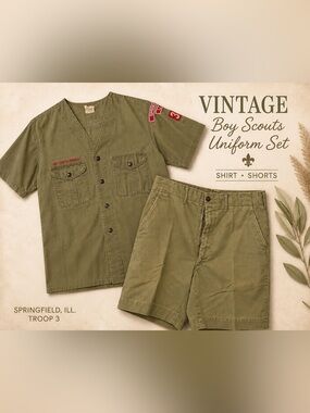 Vintage Boy Scouts Shirt & Shorts Set - Olive Green - F